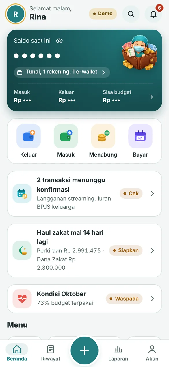 Beranda Bedah Dompet: saldo, pintasan catat, dan pengingat